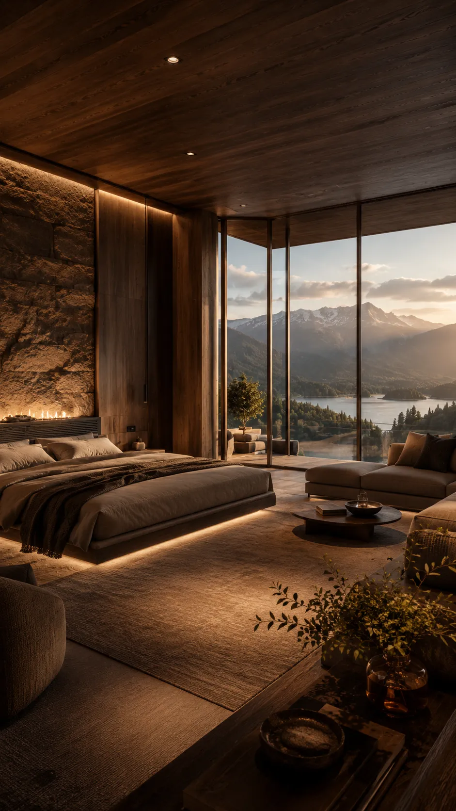 Luxuriöses Schlafzimmer einer Private Residence mit warmem Holz, Natursteinwand und Panoramablick auf Berge und See