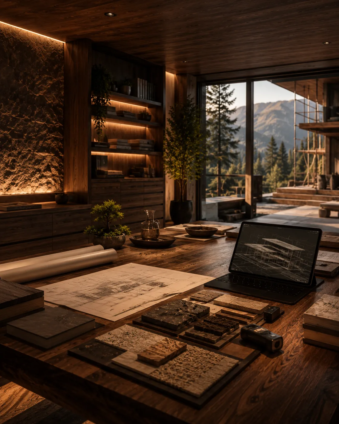 Planungsraum eines Healthy-Building-Projekts mit Materialmustern, Bauplänen und digitalem Gebäudemodell vor Bergpanorama